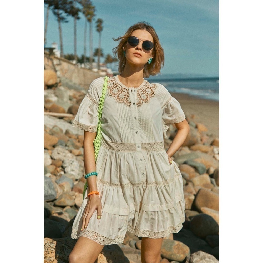 Hunter Bell Dress Newton Lace Pintucked Buttoned Tiered Mini Cream M NWT